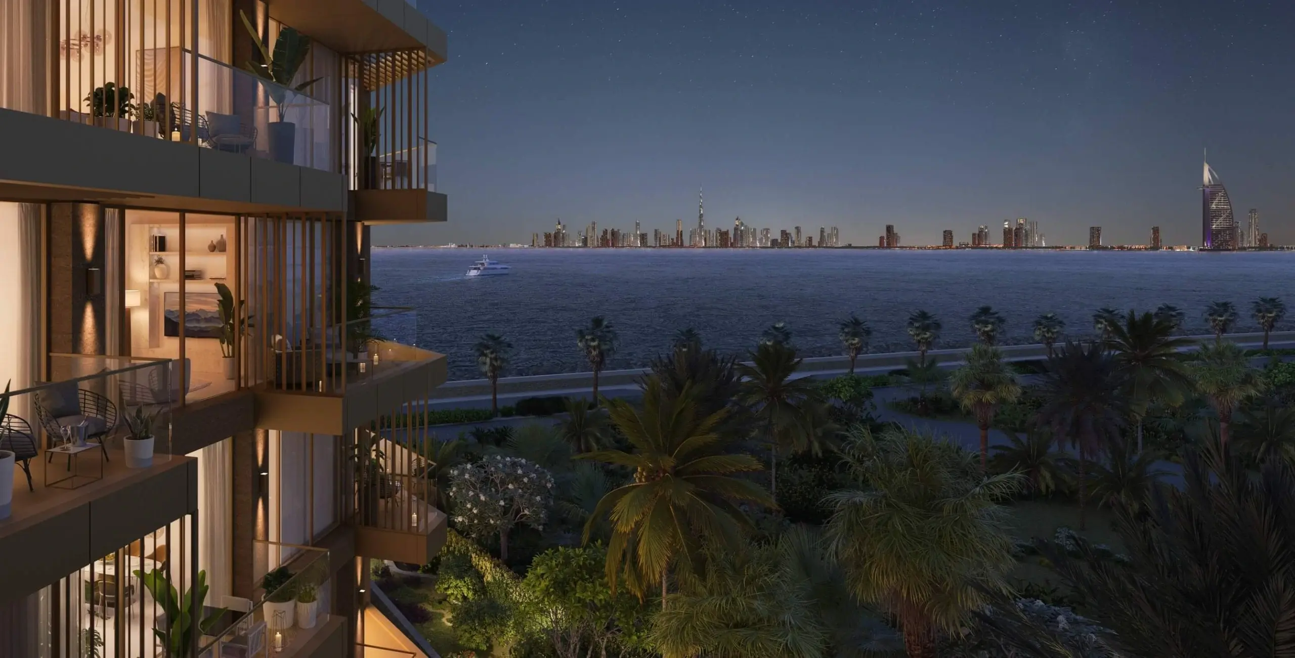A developer's render of a balcony at night, looking over palm gardens and the sea to Dubai's skyline and the Burj Al Arab
