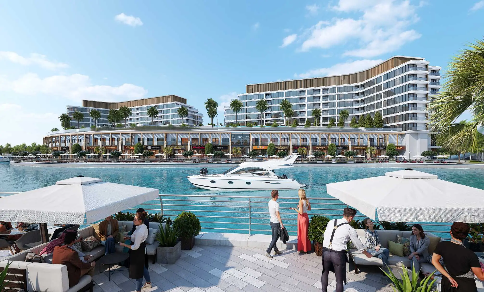 Render of a waterside café terrace under white parasols, looking across the canal to the blocks as a motor yacht goes by