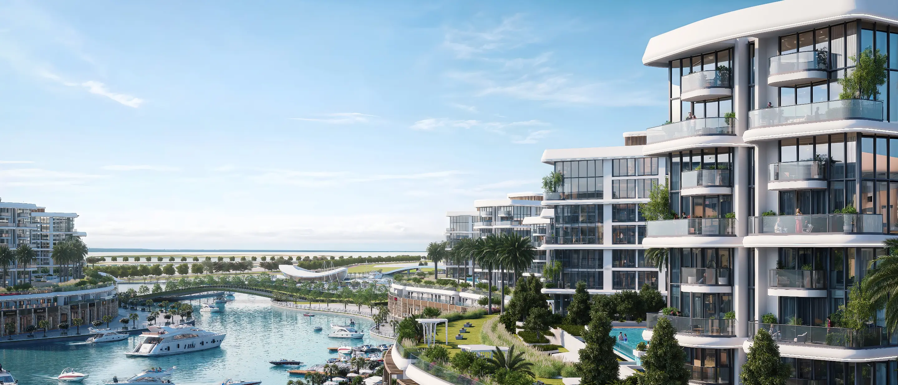 Render of a Pierside block with stacked curved balconies above a garden and pool, looking over moored yachts to a footbridge and the sea