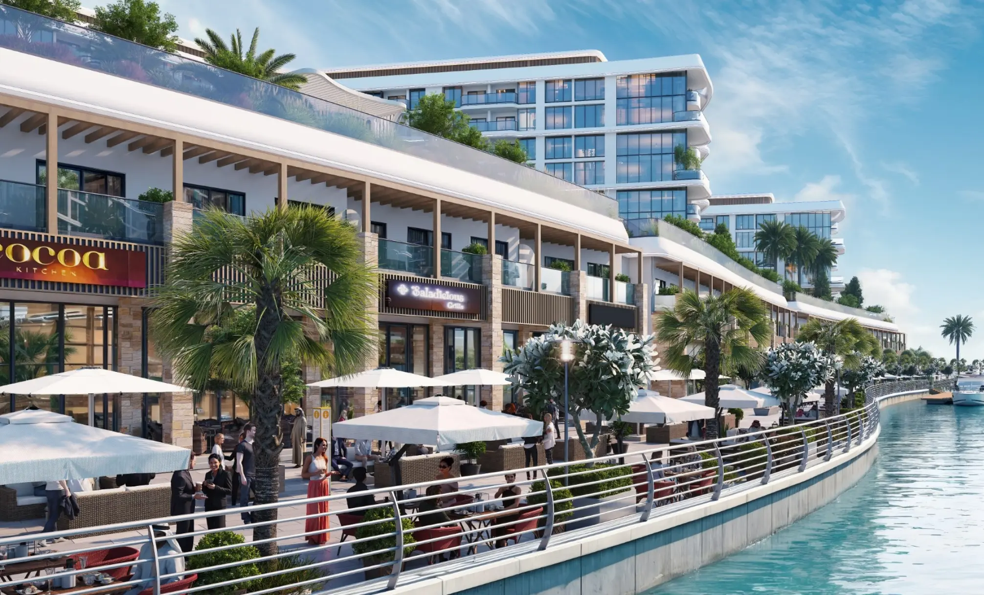 Render of café terraces under white parasols in a two-storey arcade beside the canal, with apartment blocks above