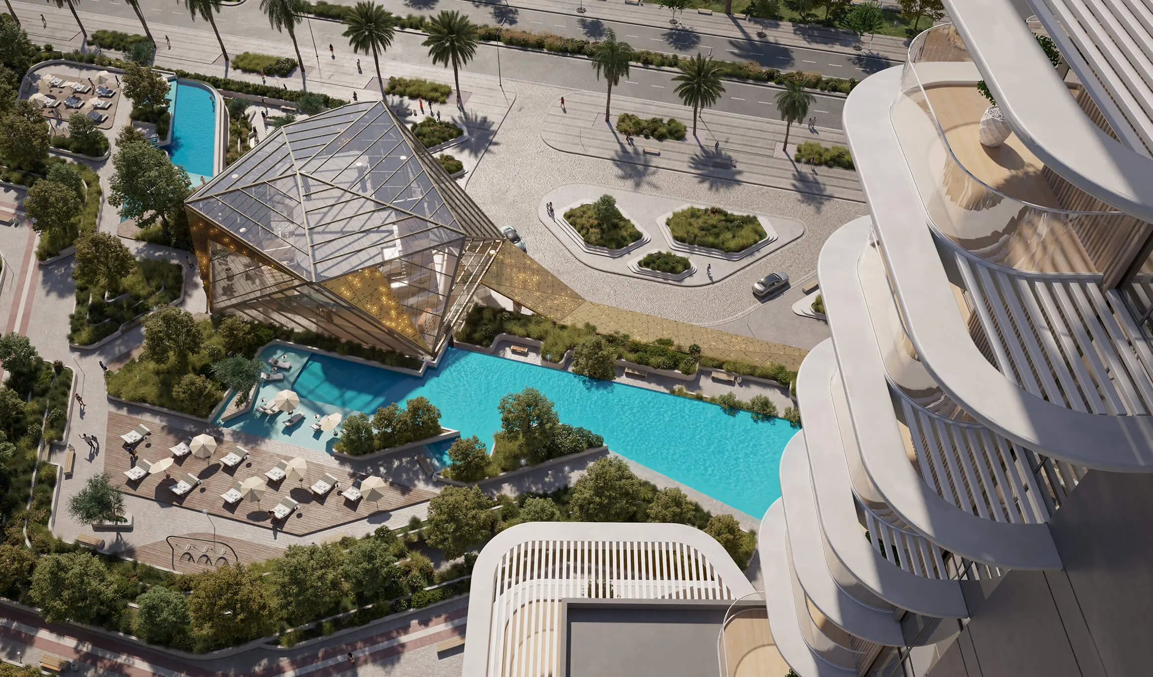 Aerial render of the pool deck wrapping round a faceted glass pavilion, with cabanas, gardens and a tower's curved balconies