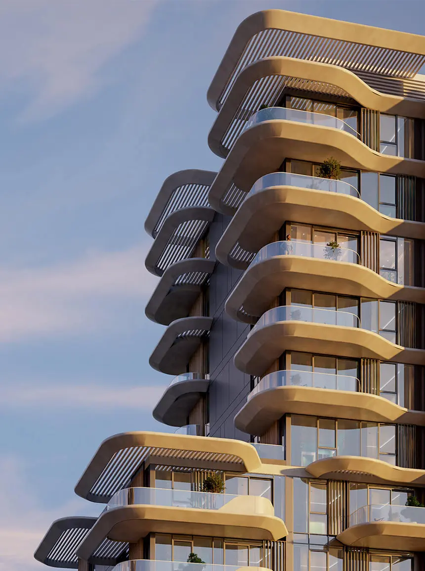 Render of a tower's rounded balconies with glass rails under slatted canopies, at dusk