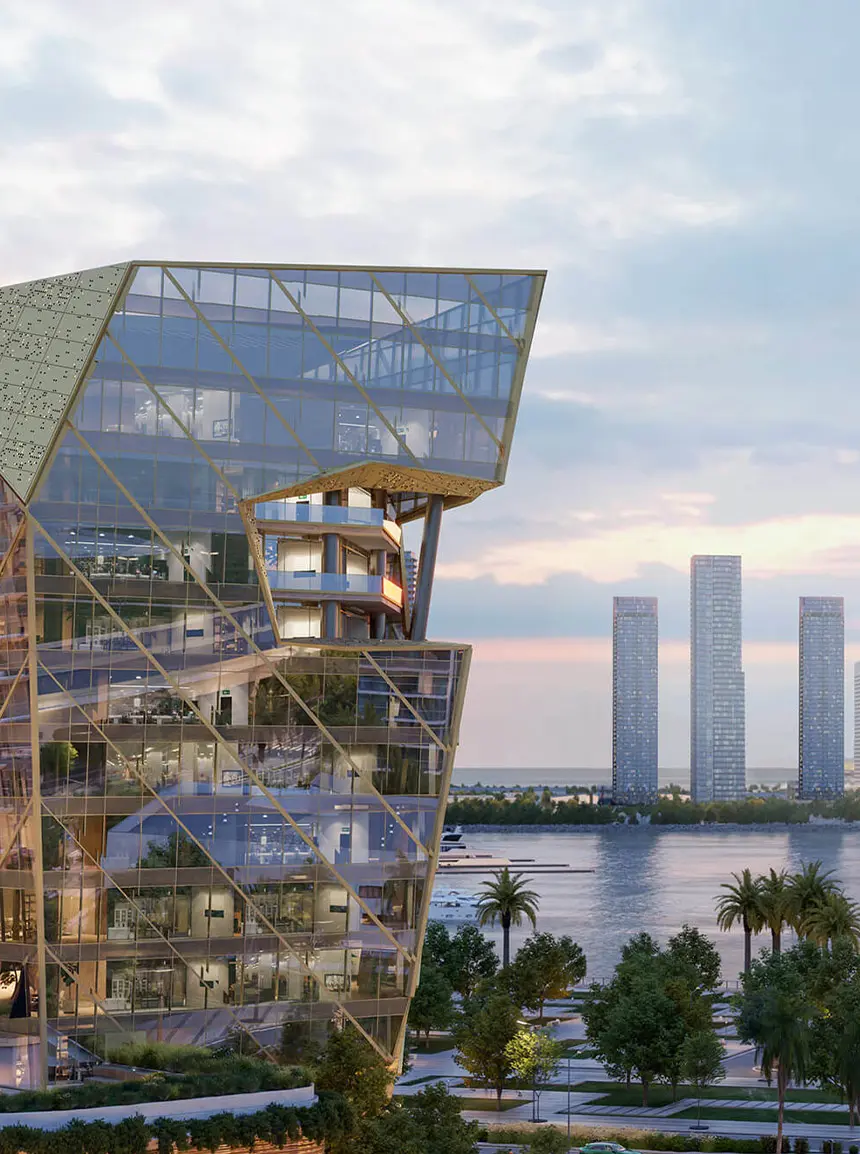 Render of the faceted glass business tower, with office floors visible inside, above palms by the water