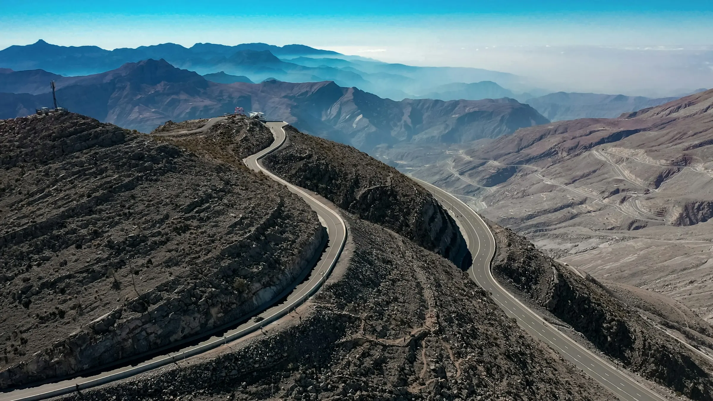 The road winding up Jebel Jais, the UAE's highest mountain, from the air