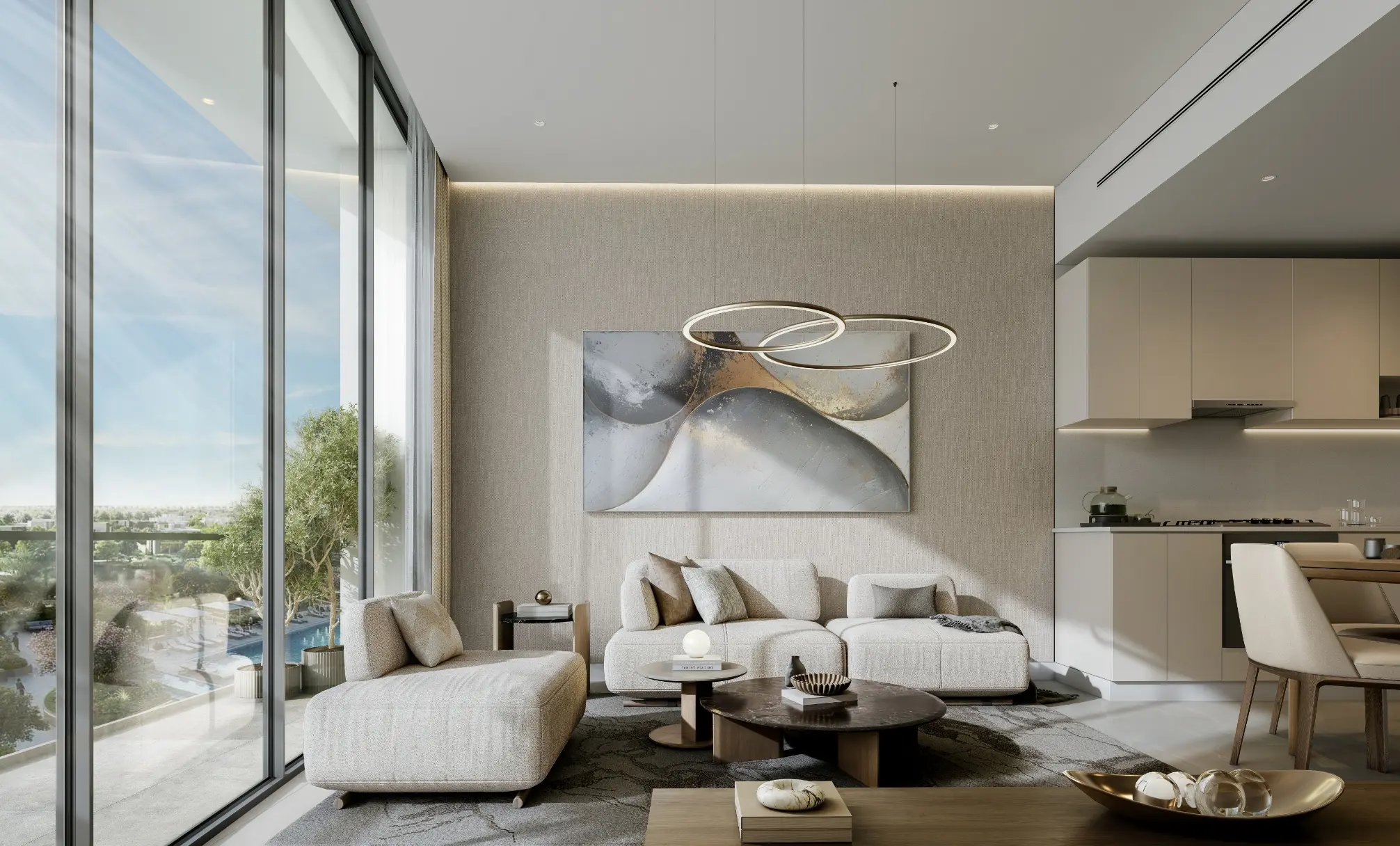 Render of a living room with a sectional sofa and ring pendant lights, an open kitchen behind and full-height glass to one side
