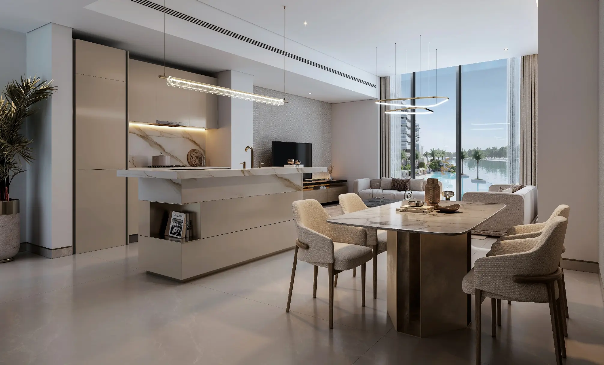 Render of an open kitchen with an island and a dining table beside full-height windows