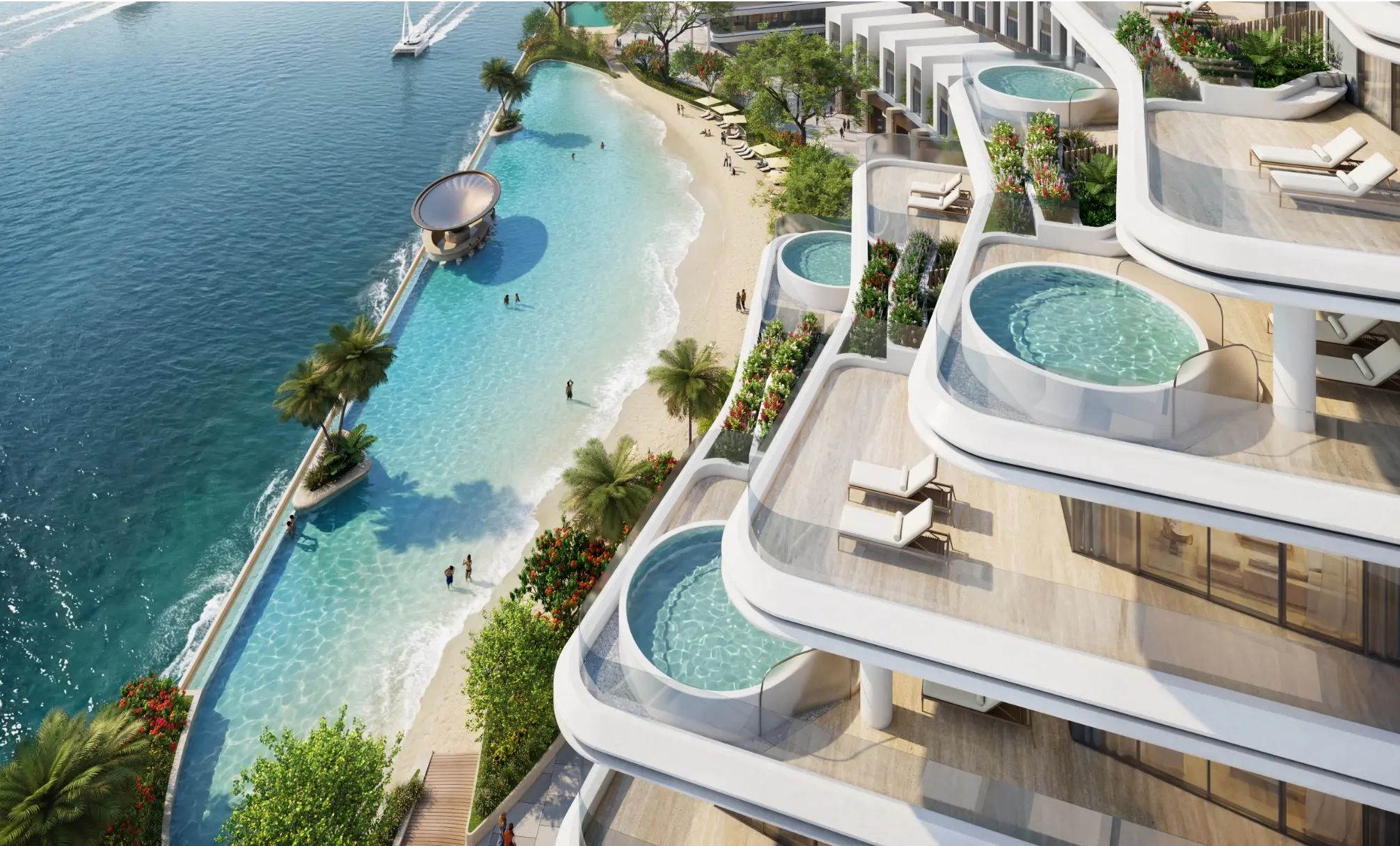 Aerial render of curved terraces with round plunge pools and sun loungers above a lagoon beach beside open water