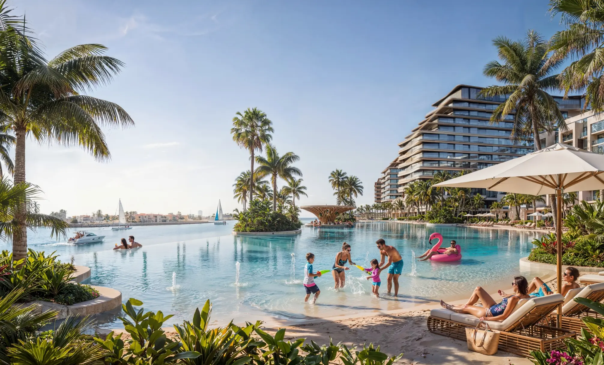 Render of families playing in a shallow lagoon beside a sandy beach with palms and sun loungers, a tower behind
