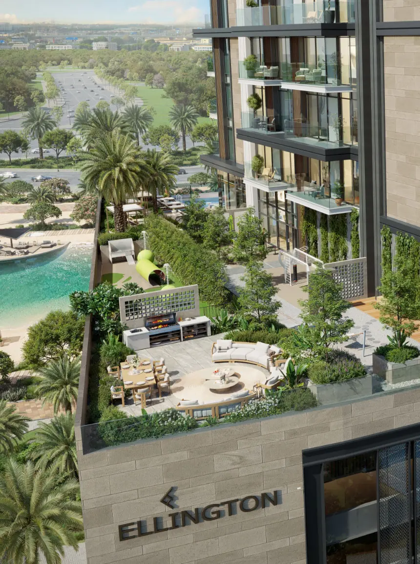 Aerial render of a planted podium terrace with an outdoor kitchen and lounge seating, a lagoon beach below and the Ellington name on the wall