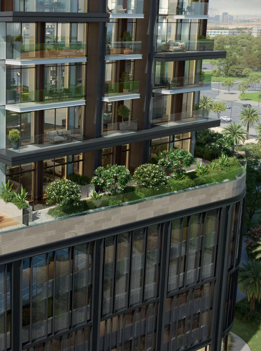Render of the tower's lower floors rising above a planted podium edge, with glass balconies and dark window frames