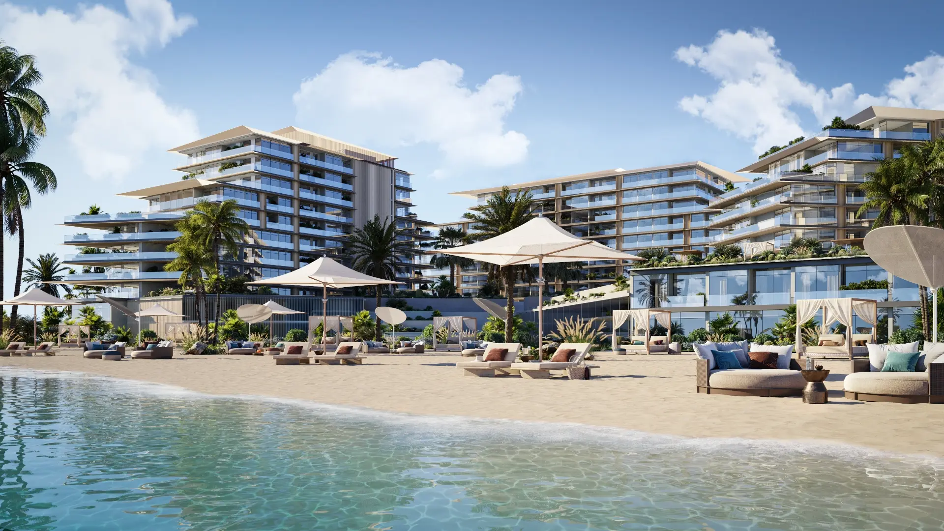 Render of stepped mid-rise buildings with deep terraces behind a beach with cabanas, parasols and day beds
