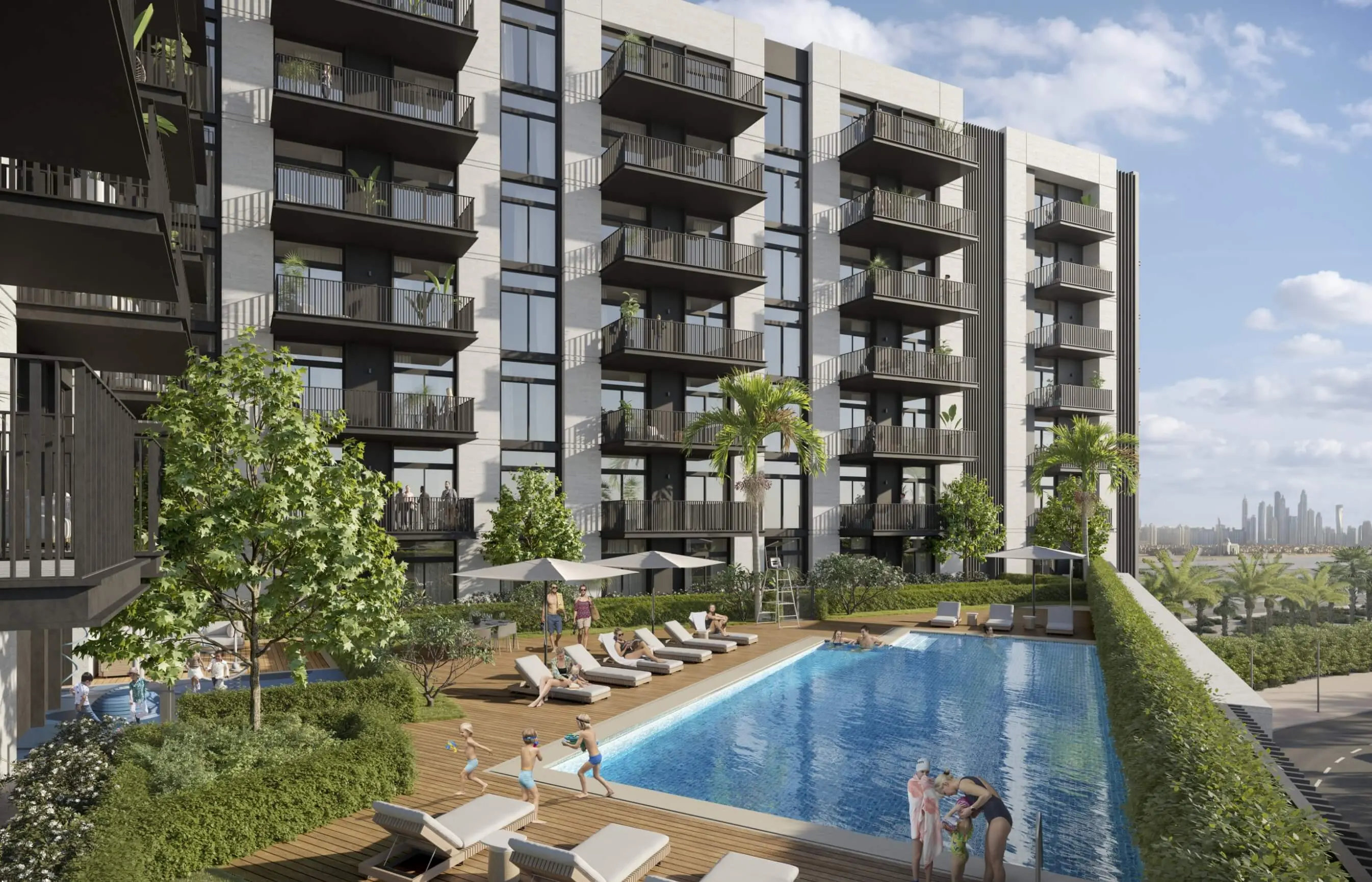 Render of the pool deck below the building's balconies, with sun loungers, palms and children playing at the water's edge