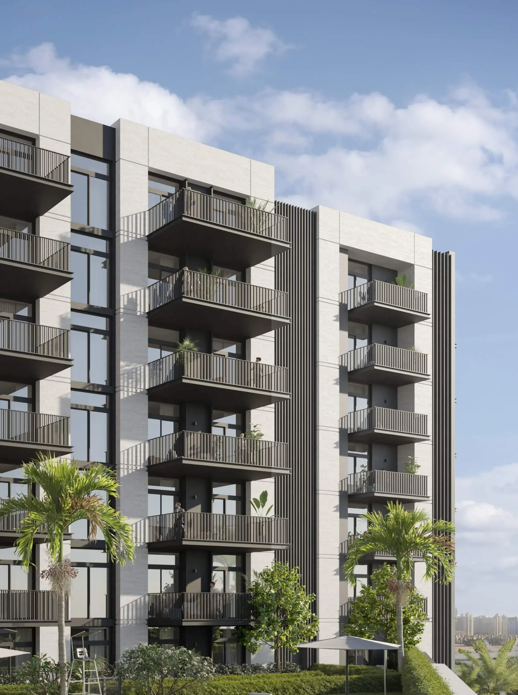 Render of the façade up close: stacked balconies with dark railings on pale cladding, with palms below
