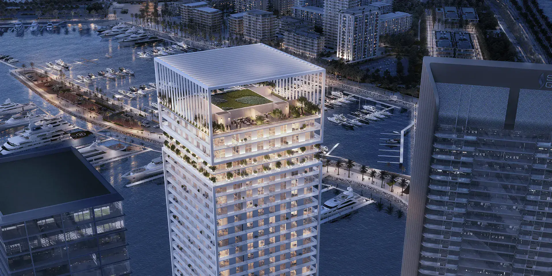 Beyond's render of Saria at dusk: the tower's planted roof terrace above a marina full of yachts, with low-rise buildings behind