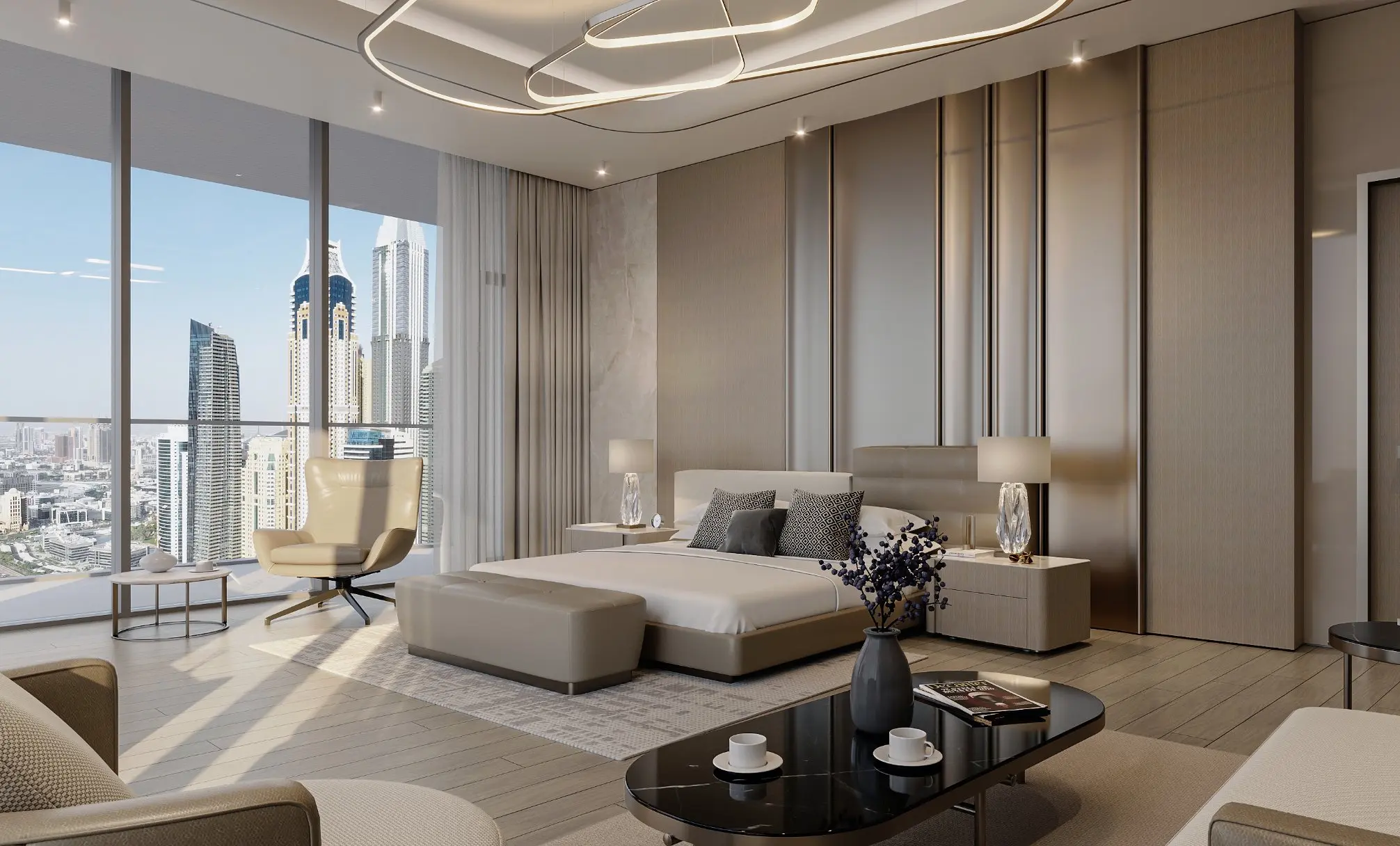 Render of a bedroom with a sitting area, an armchair by full-height windows and Dubai Marina towers outside