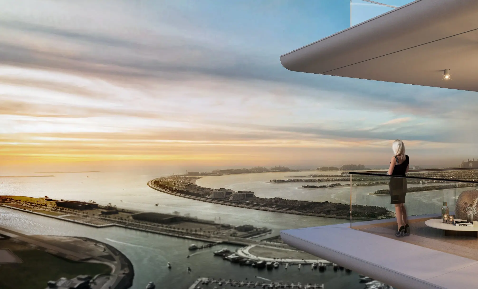 Render of a woman on a glass-railed balcony at sunset, looking over the Dubai Harbour marina to Palm Jumeirah
