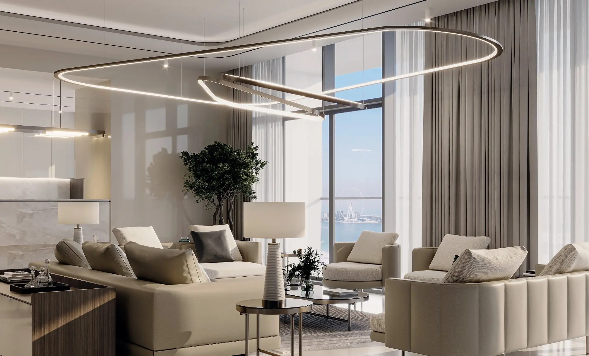 Render of a living room with cream sofas, an oval ring light and full-height windows looking towards Ain Dubai