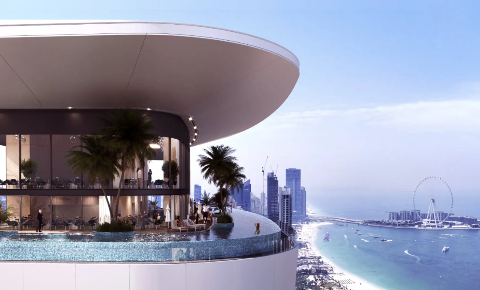 Render of a rooftop infinity pool around a two-storey glass clubhouse under a cantilevered roof, with JBR beach and Ain Dubai below