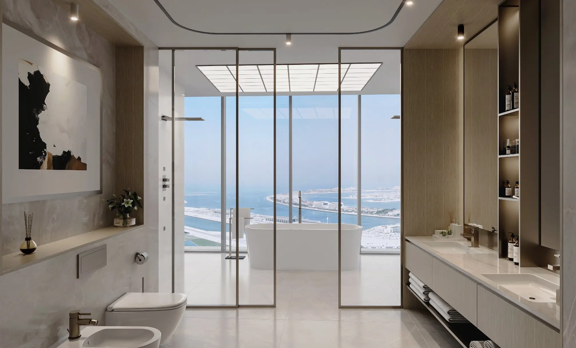 Render of a bathroom with a freestanding bath against full-height glass over Palm Jumeirah, a glass-screened shower and twin basins
