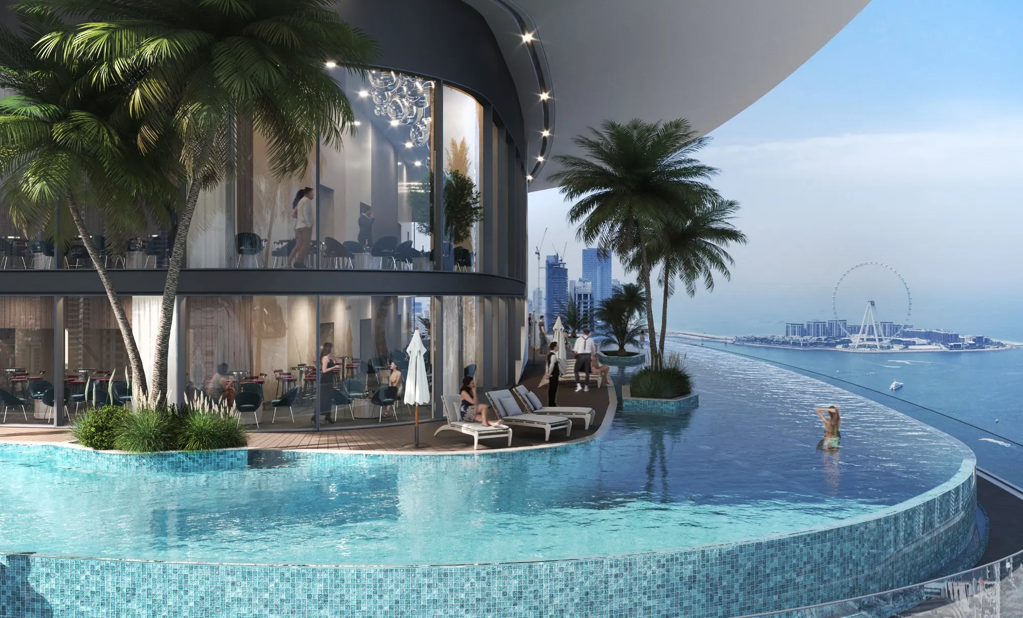 Render of the rooftop infinity pool beside the clubhouse café, with sun loungers, palms and Ain Dubai on the horizon