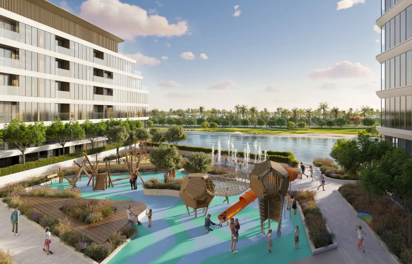 Render of a children's play area with wooden climbing towers, an orange slide and splash fountains, with a lagoon and palms behind