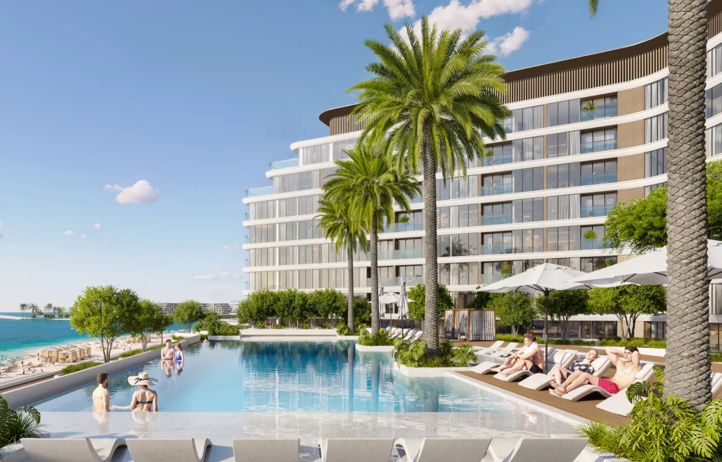 Render of an infinity pool with sun loungers and palms below a curved, terraced apartment block, with the beach to one side