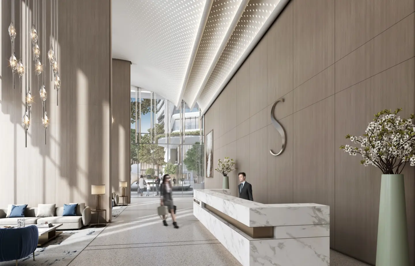 Render of a lobby with a marble reception desk, a timber wall with a silver S and glass pendant lights