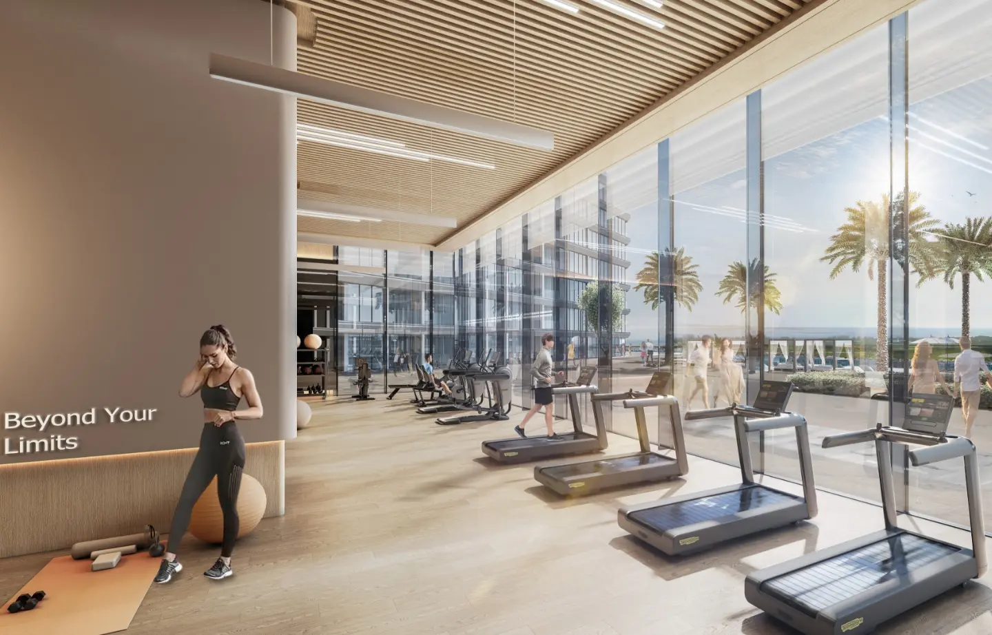 Render of a gym with a row of treadmills facing full-height windows and palm trees