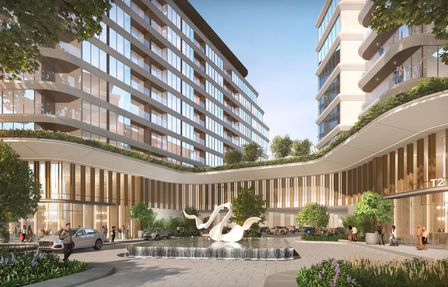 Render of a tower entrance court with a white swan sculpture over a fountain pool, under a curved planted canopy