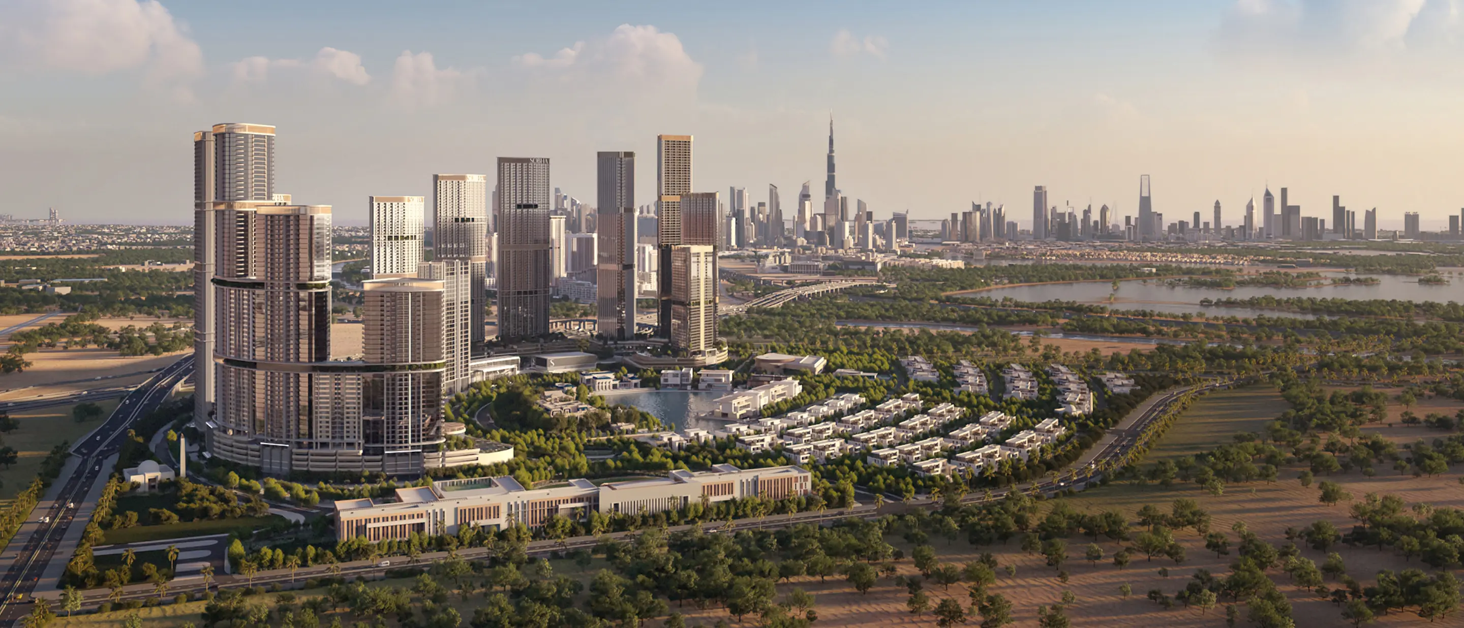 Aerial render of Sobha Hartland II's towers, villas and lagoon, with Burj Khalifa and the Downtown skyline behind and the Ras Al Khor wetland on the right