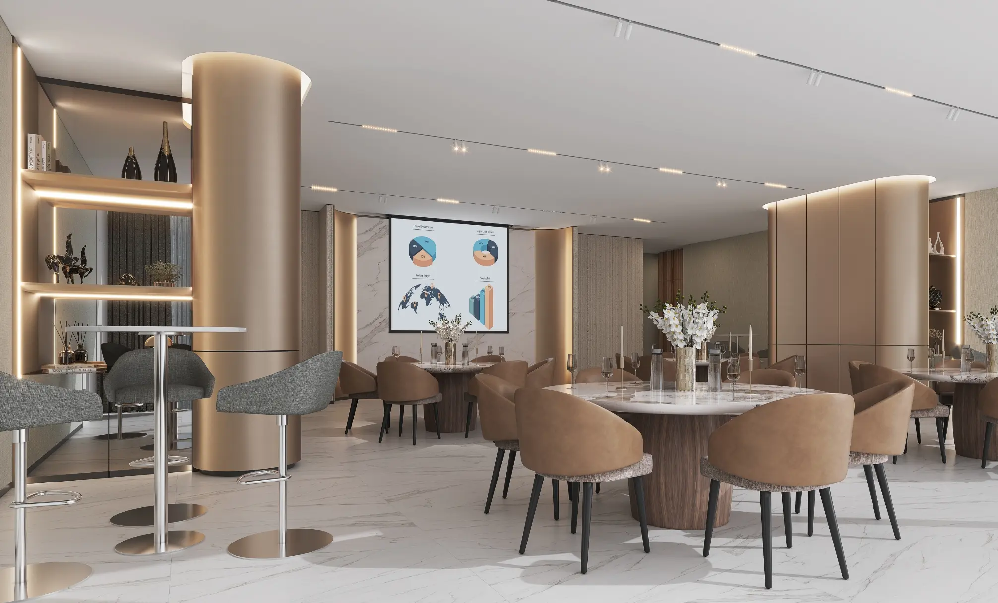Render of the multipurpose hall with round dining tables, bar stools and a presentation screen