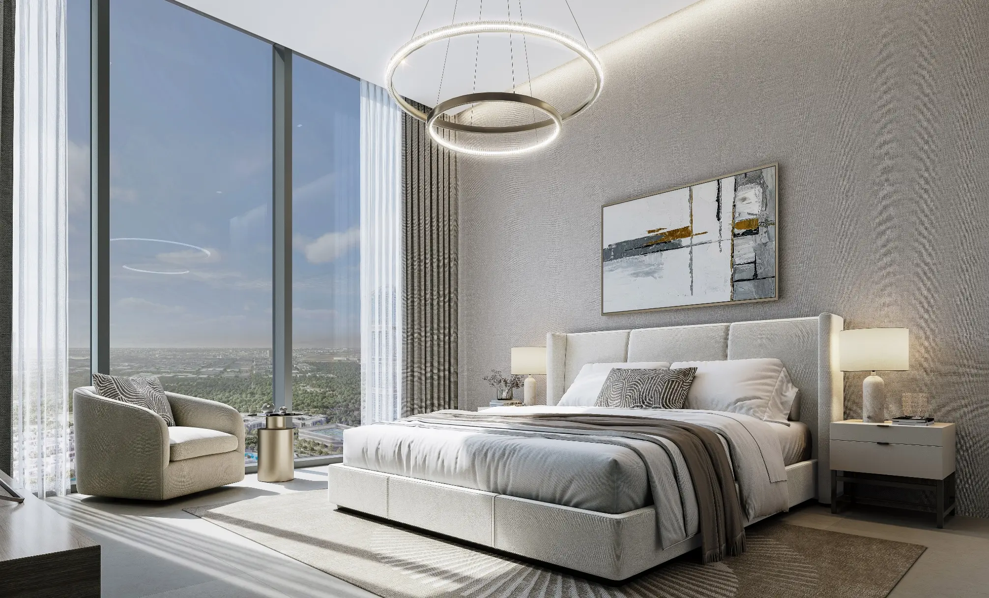 Render of a bedroom with floor-to-ceiling glass, a ring pendant light and an armchair by the window