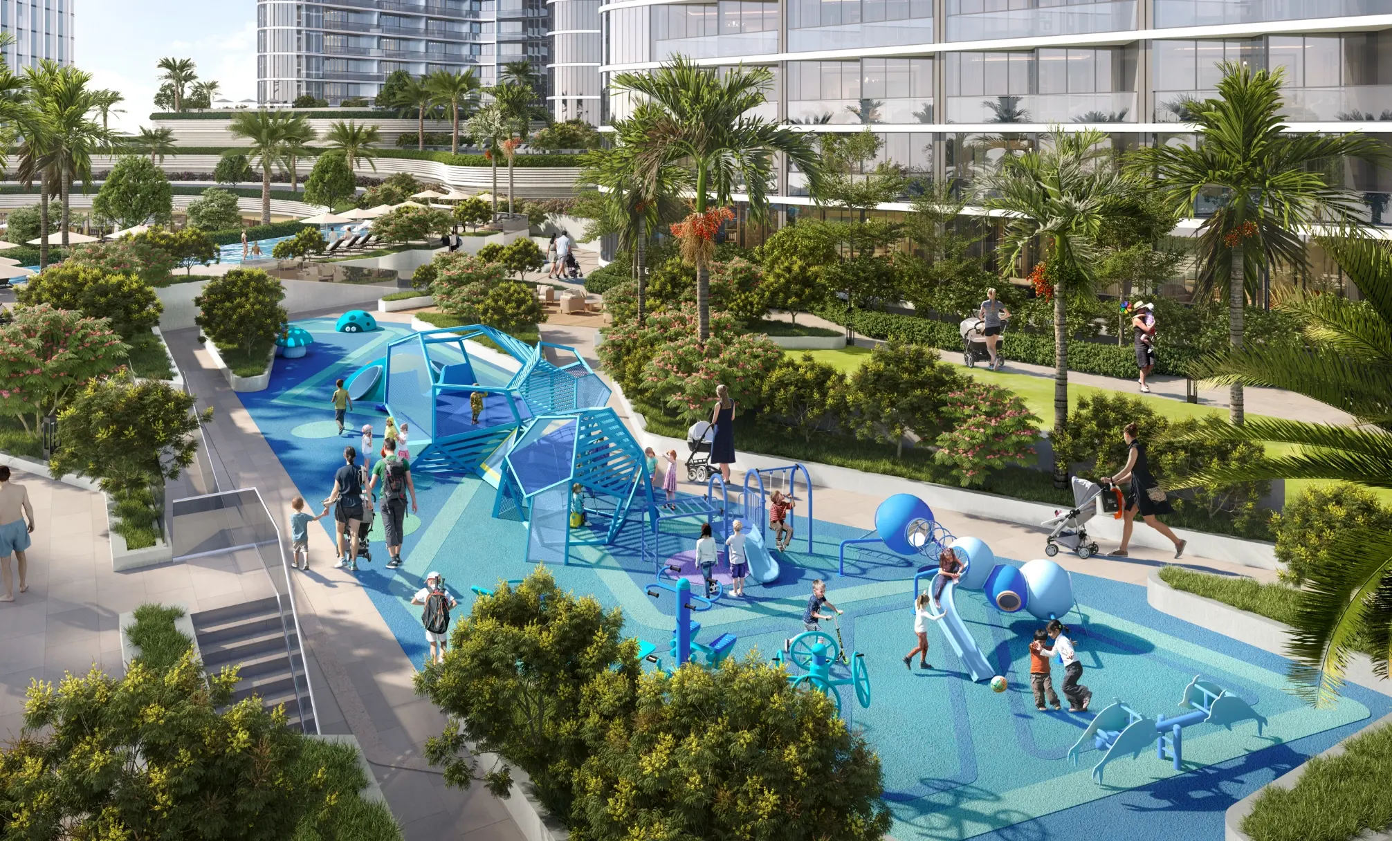 Render of the children's play area with climbing frames and slides on a blue play surface among palms