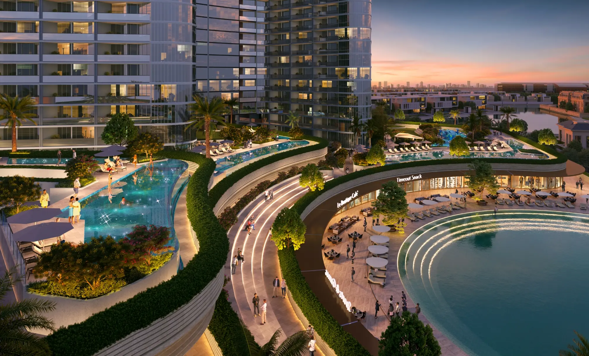 Dusk render of the podium: a terraced pool, a lit ramp and café terraces around a round water feature