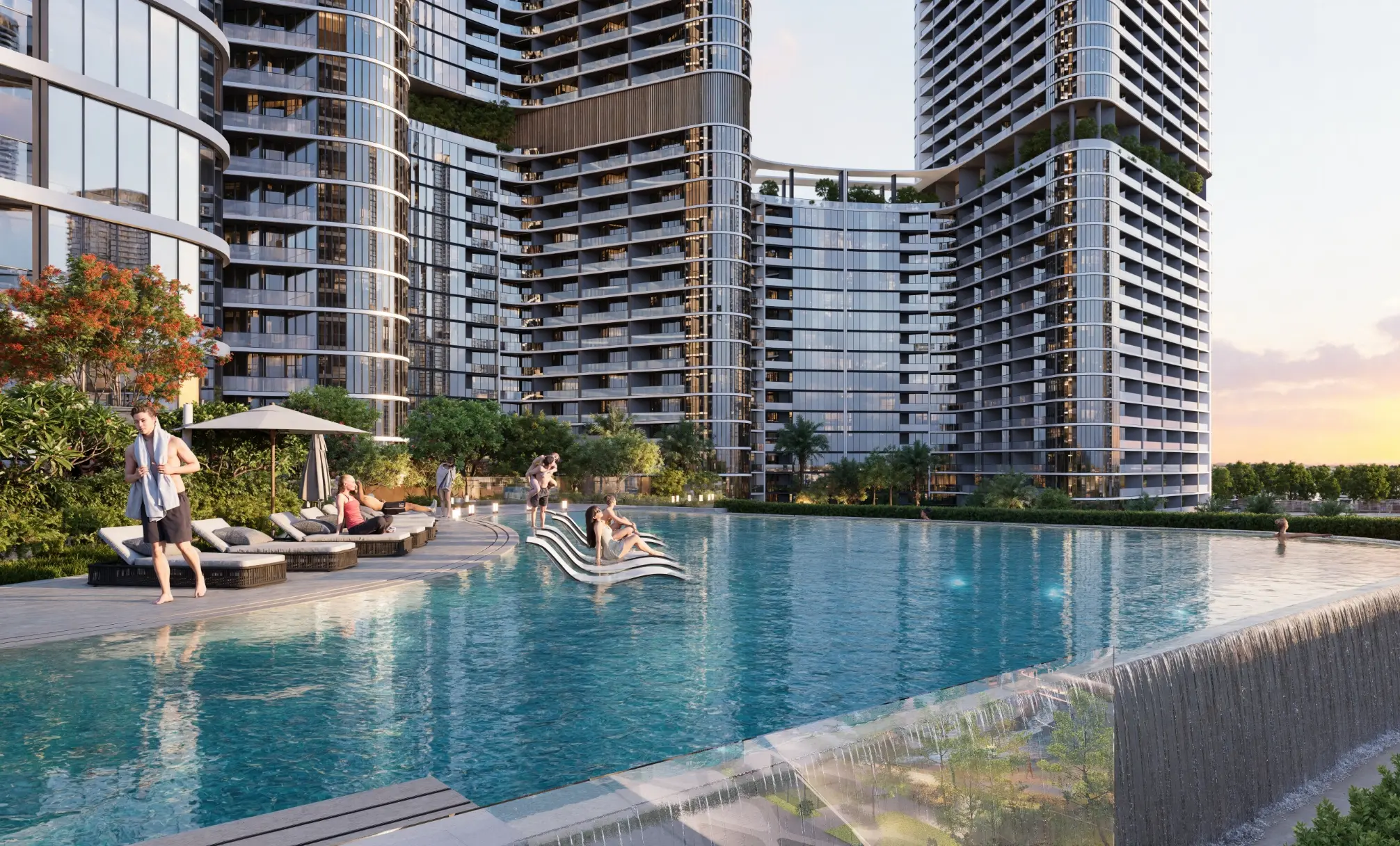 Render of the podium's infinity pool with in-water loungers, the towers behind