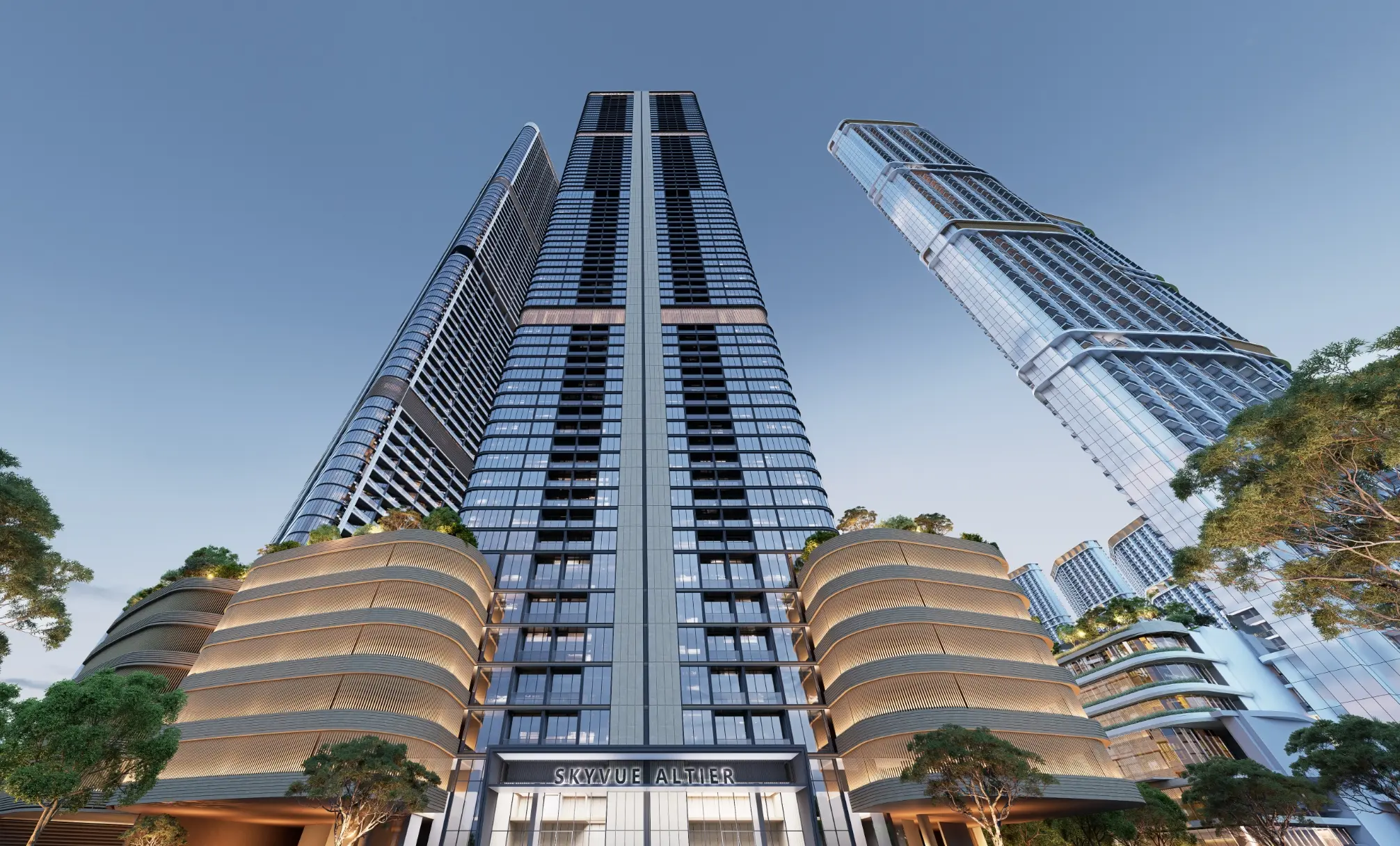 Street-level render looking up at Skyvue Altier, its name above the entrance between two curved podium wings