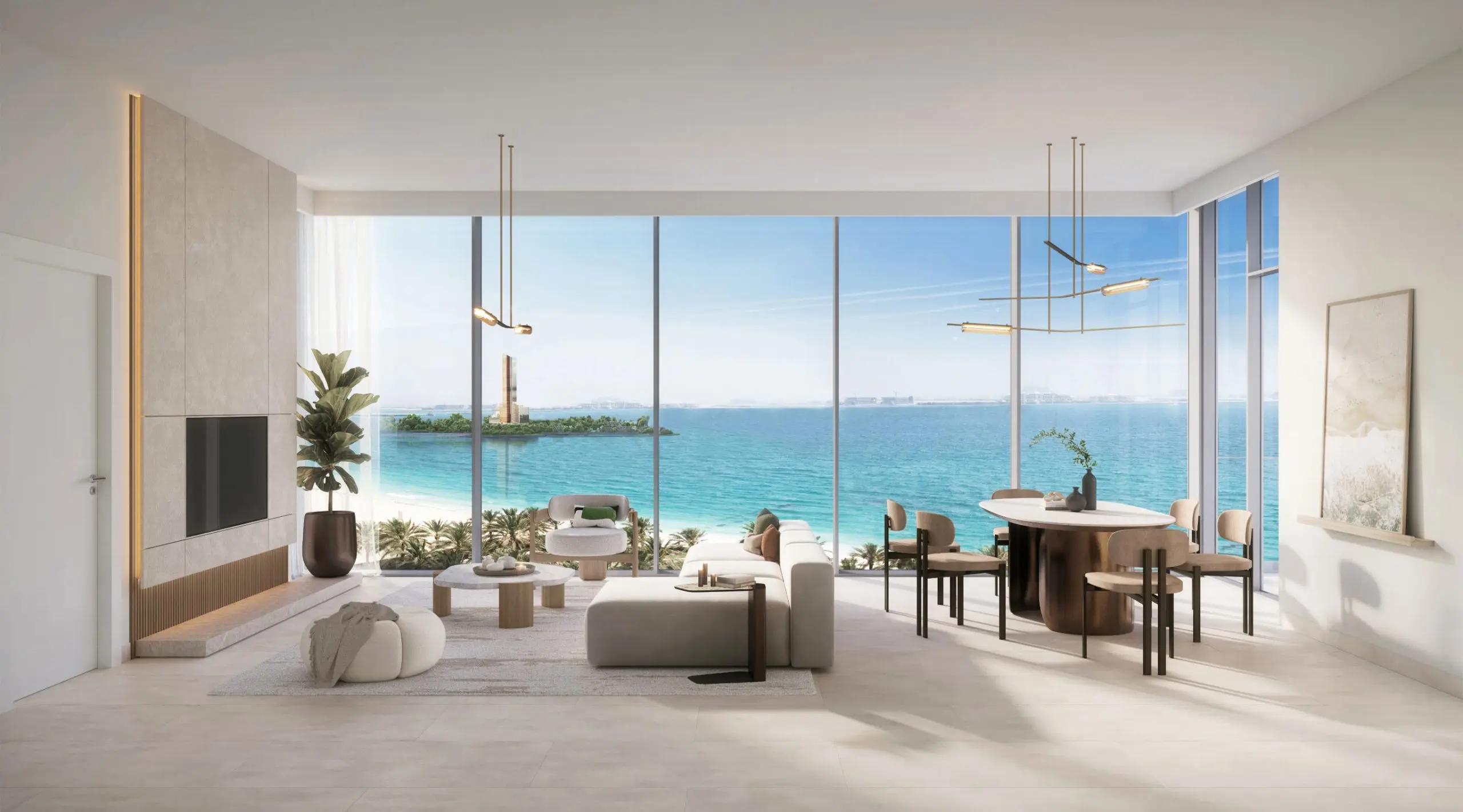 Render of an open-plan living and dining room with floor-to-ceiling glass onto palms, a beach and the sea, a small island with a tower beyond
