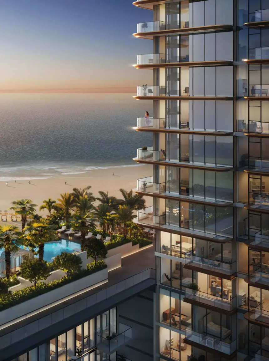 Render of a tower's glass balconies at sunset above a pool deck with palms and loungers, the beach and sea beyond