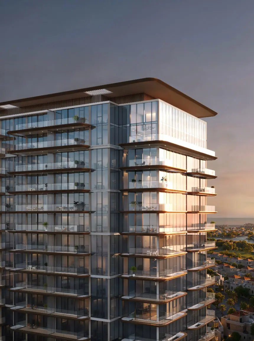 Render of a tower's glazed upper floors under a deep roof canopy at sunset, above houses with terracotta roofs and a lagoon