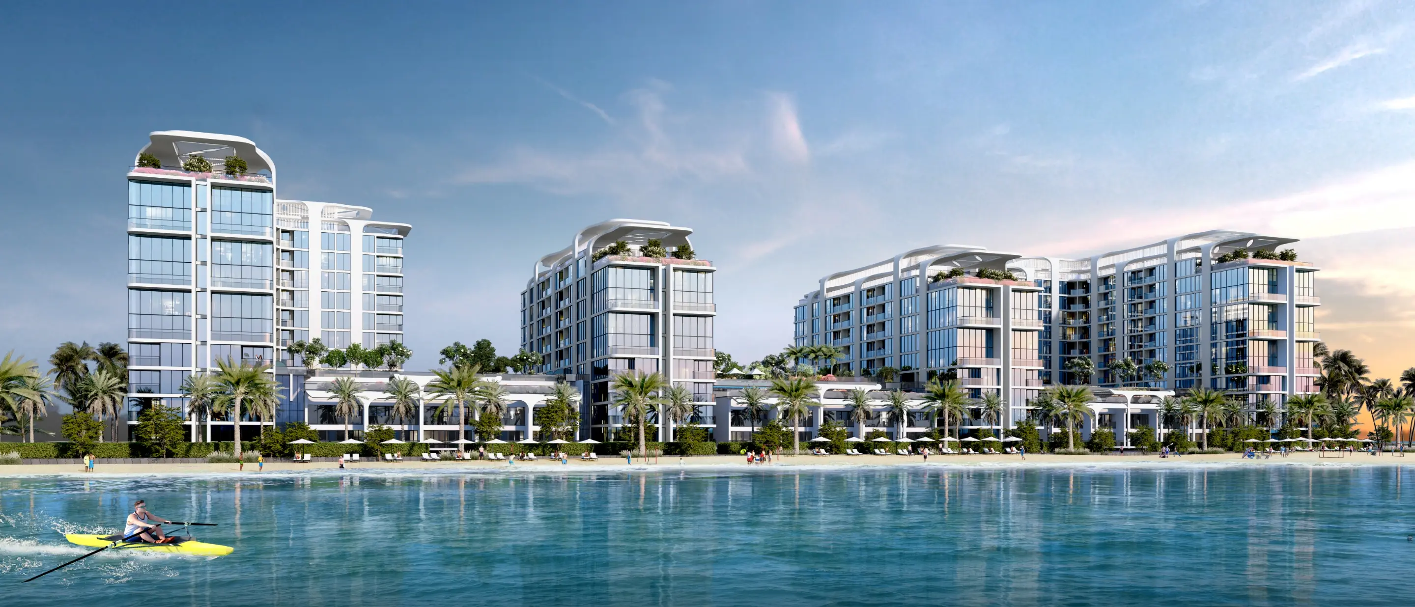 Render of Starline's four towers seen from the lagoon, with roof gardens, low pavilions between them and a kayaker in the foreground