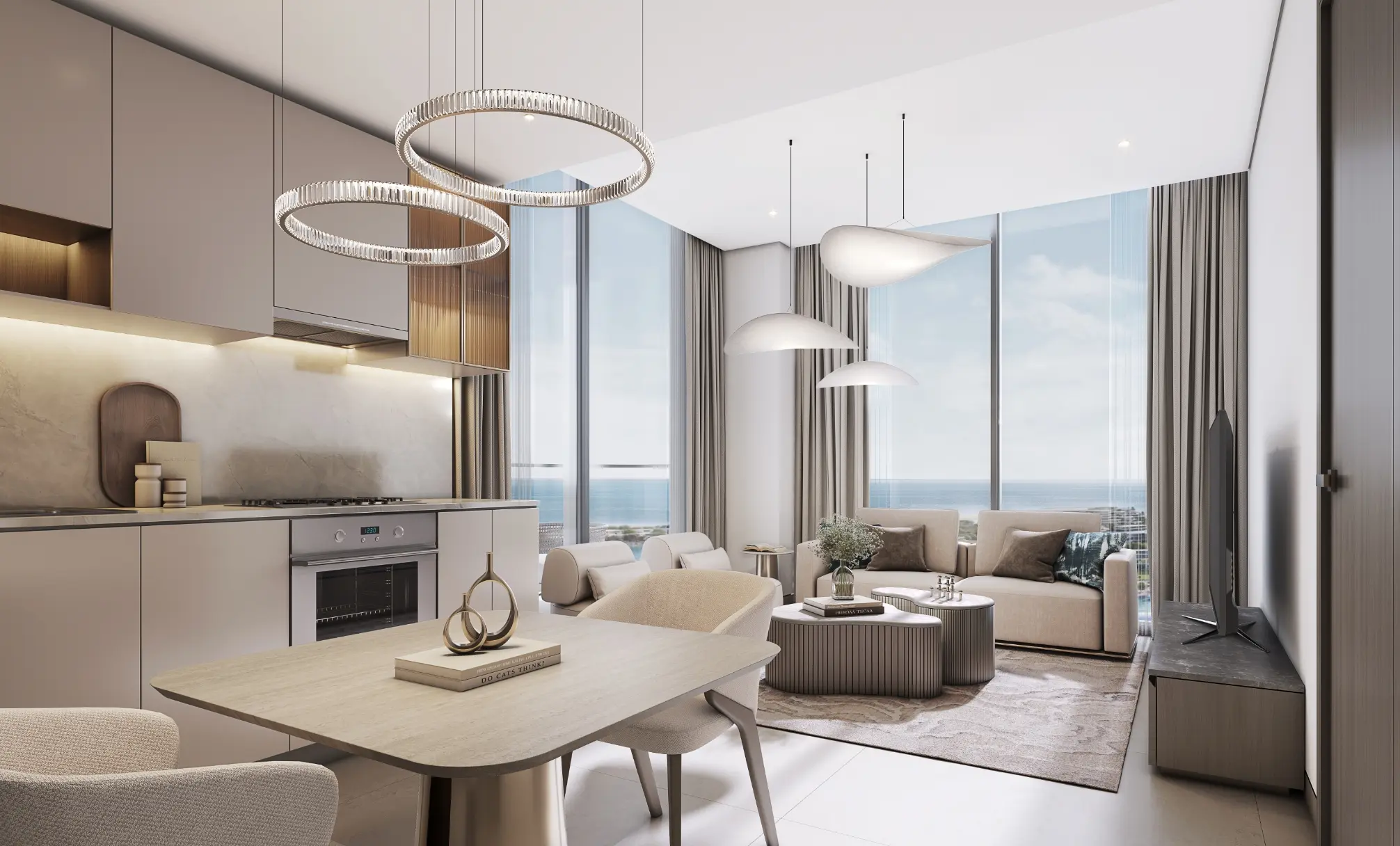 Render of an open-plan kitchen and living room with ring chandeliers, a dining table and full-height windows facing the sea