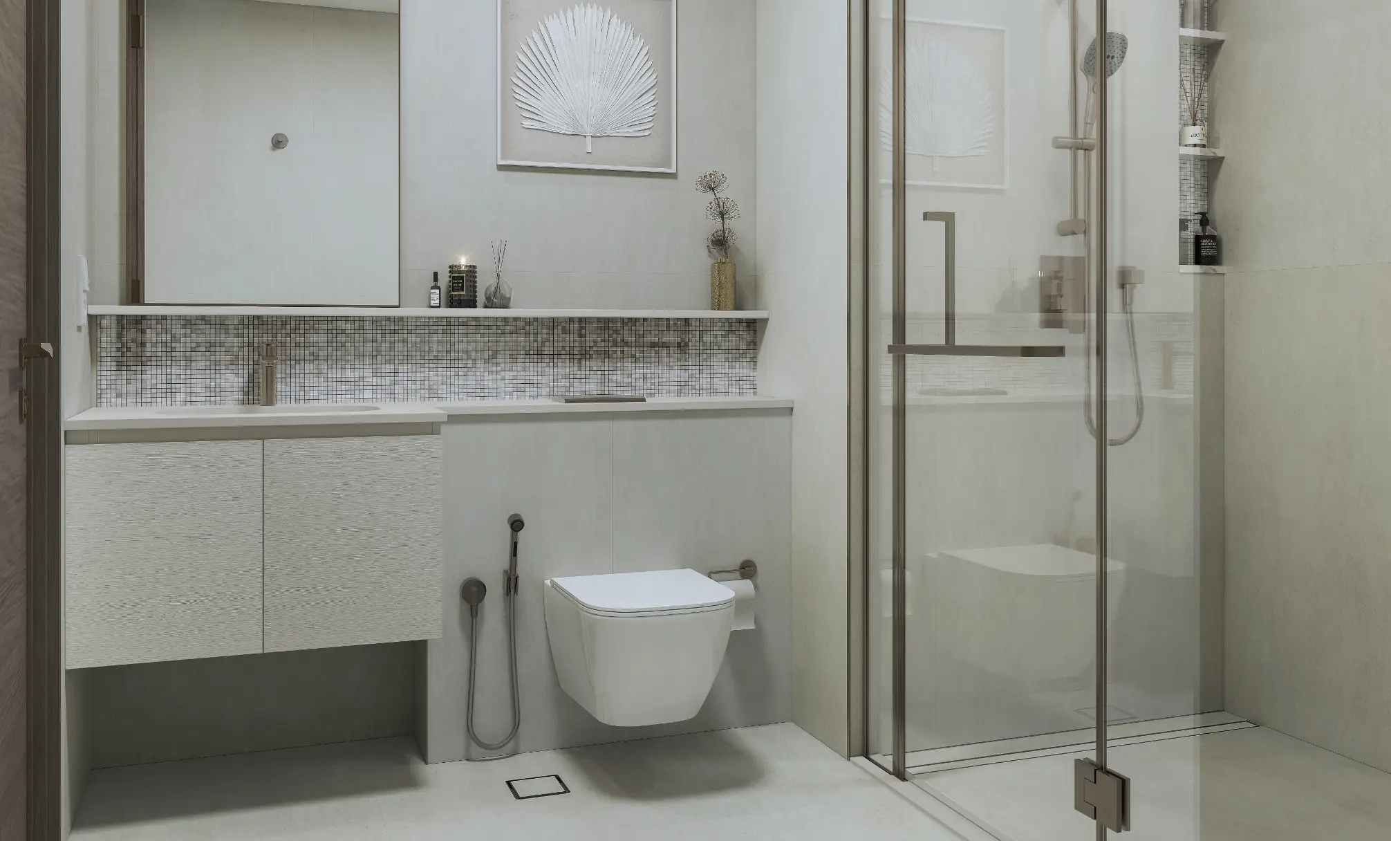 Render of a bathroom with a glass shower, a wall-hung WC and a vanity below a long mirror