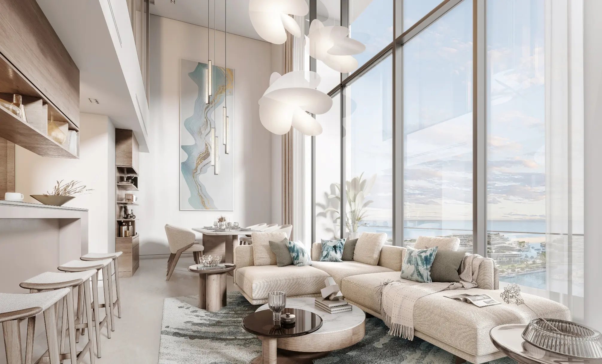Render of a double-height living room with a sectional sofa, petal-shaped pendant lights and full-height windows over the water