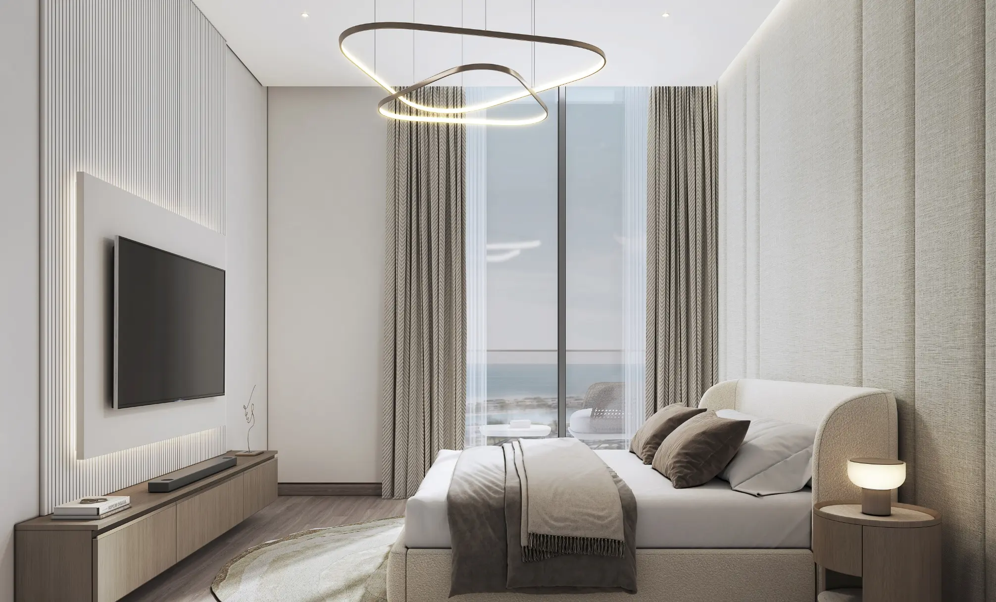 Render of a bedroom with an upholstered bed, a wall-mounted TV, a looped pendant light and a full-height window