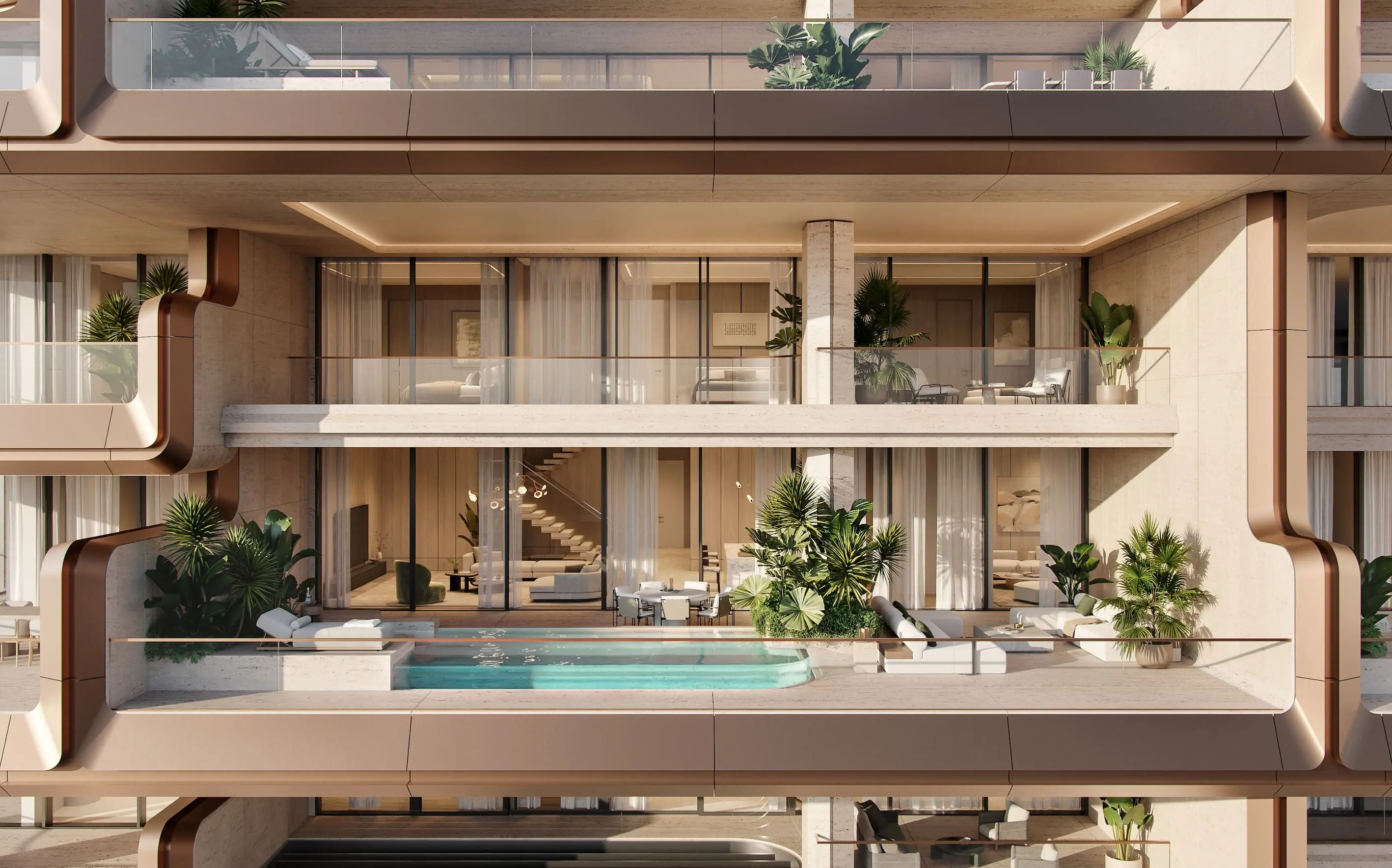 Render of a two-storey home seen from outside: a terrace with a private pool and loungers, a staircase behind the glass