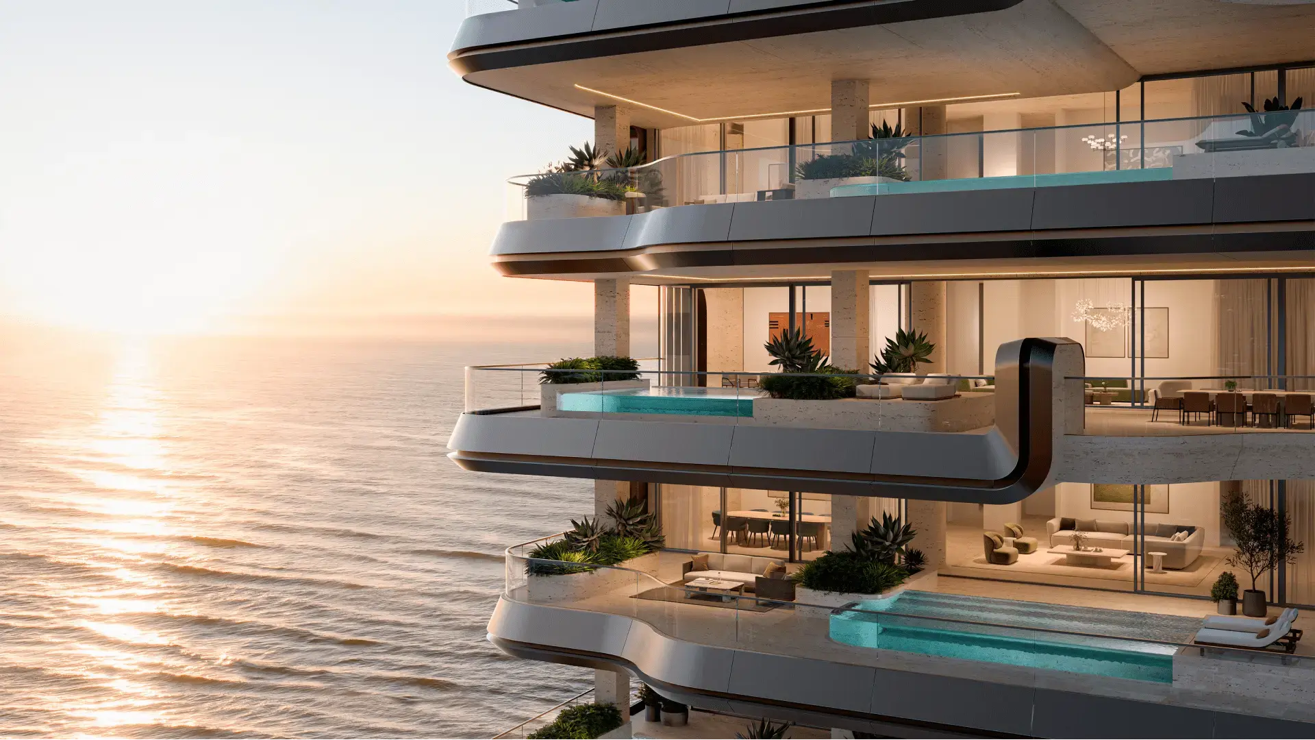 Render of curved terraces with glass-edged private pools stacked above the sea at sunset