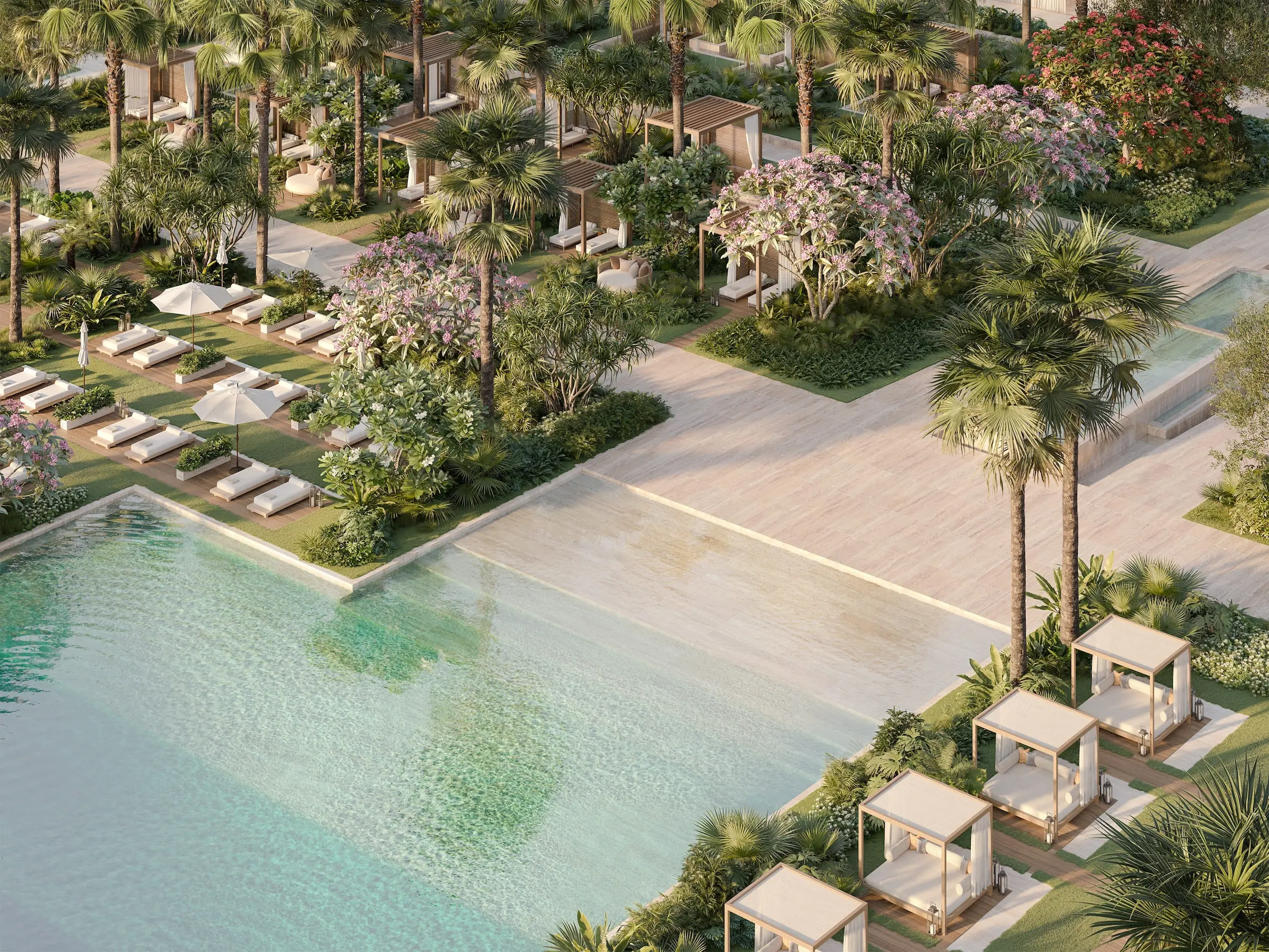 Aerial render of a pool among gardens, with cabanas, loungers and parasols under palms and flowering trees