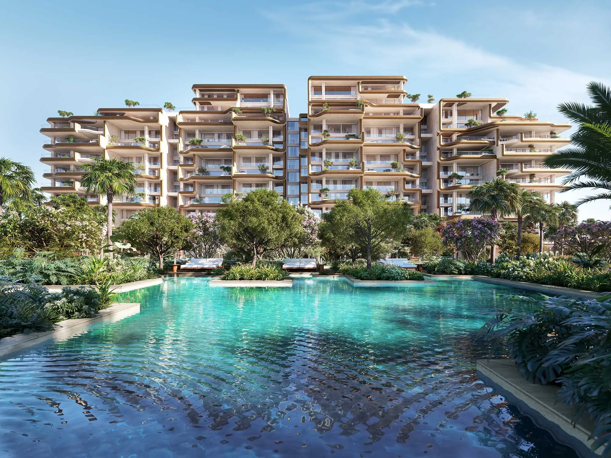 Render of a lagoon pool in front of a terraced building, with trees and flowering shrubs along its edge