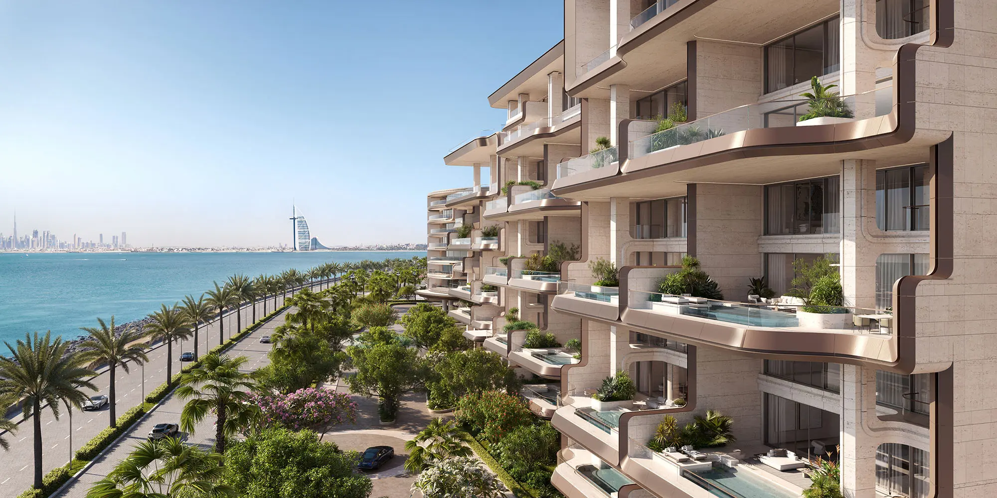 Render of terraced facades with pools on the balconies above a palm-lined road, the Burj Al Arab across the water