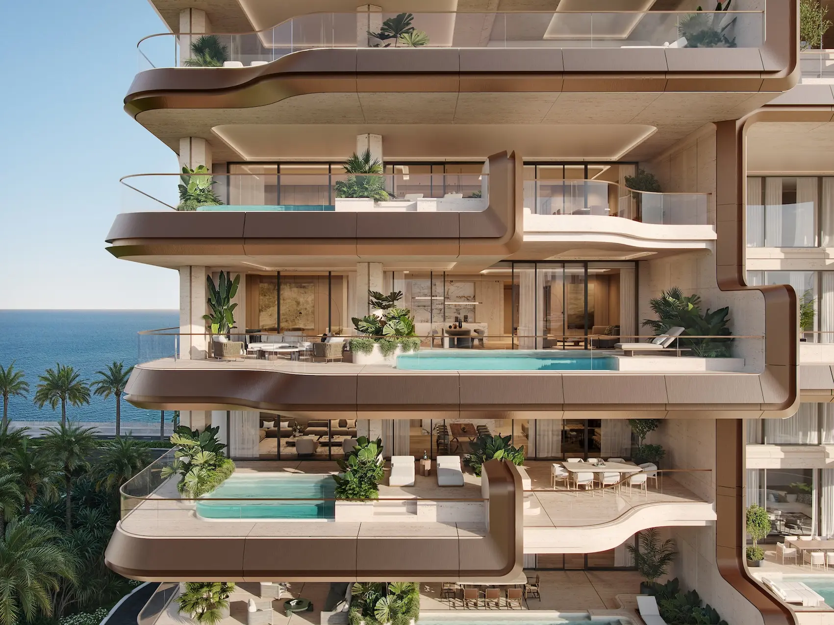 Render of stacked terraces with private pools and dining tables behind floor-to-ceiling glass, palms and the sea to one side